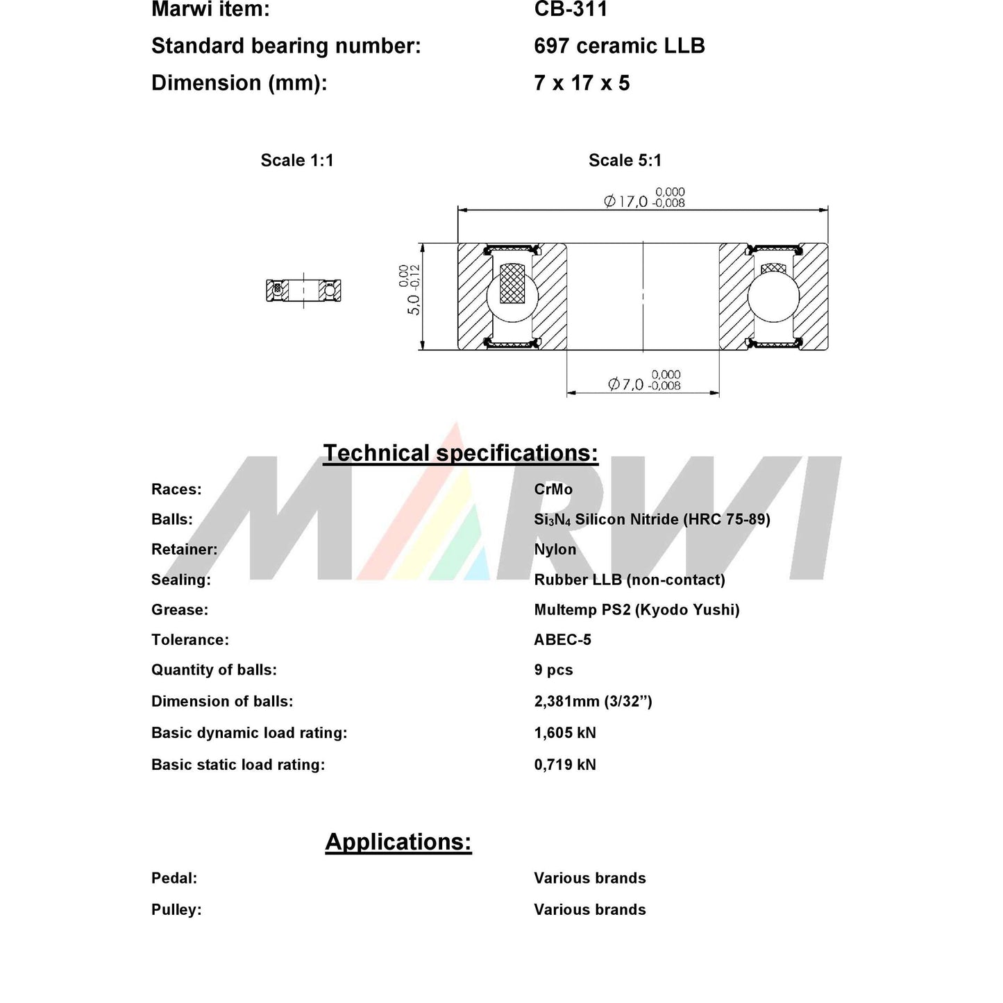Union Kogellager CB-311 697 LLB 7x17x5 Ceramico