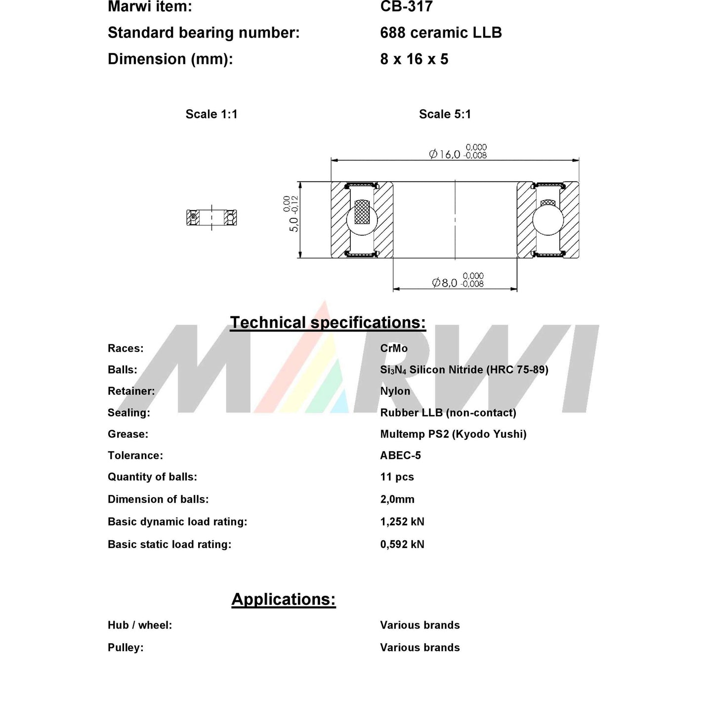 Union Kogellager CB-317 688 LLB 8x16x5 Ceramica