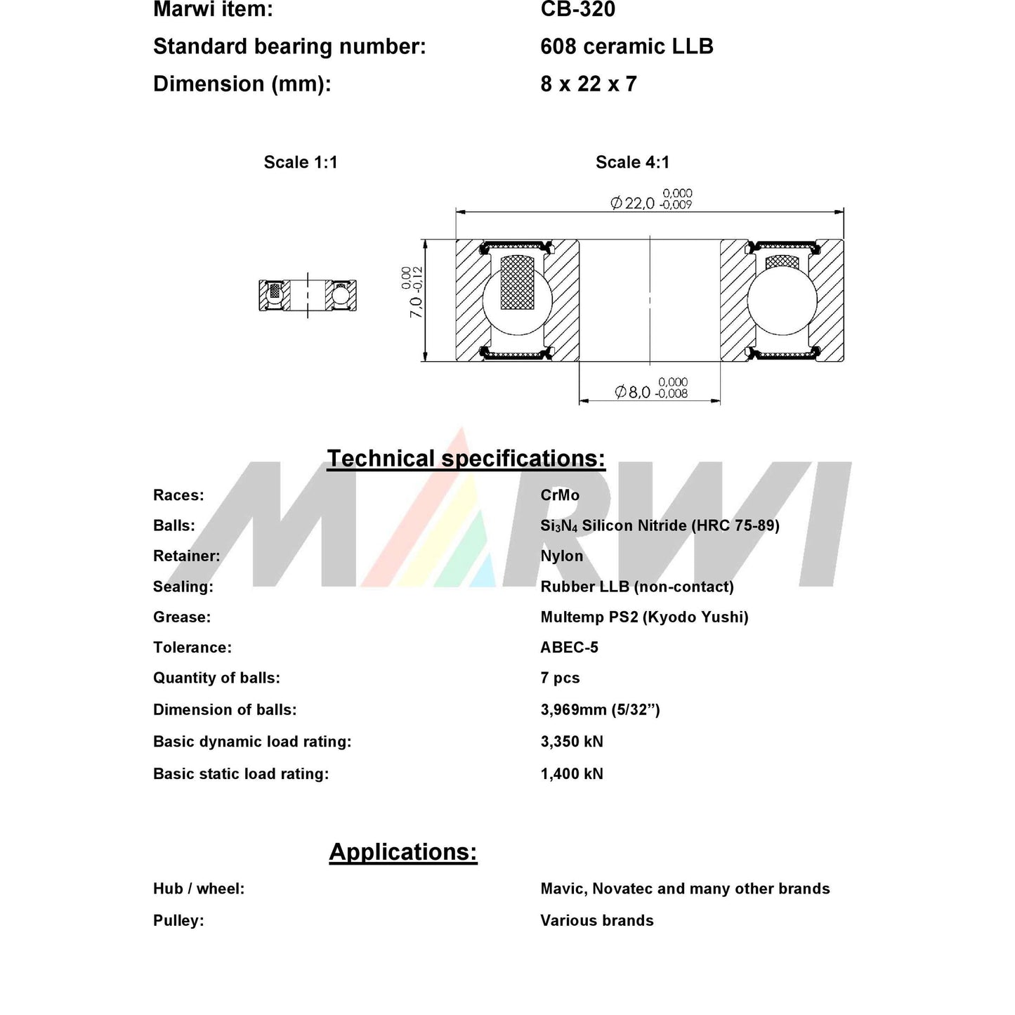 Union Kogellager CB-320 608 LLB 8x22x7 Ceramic