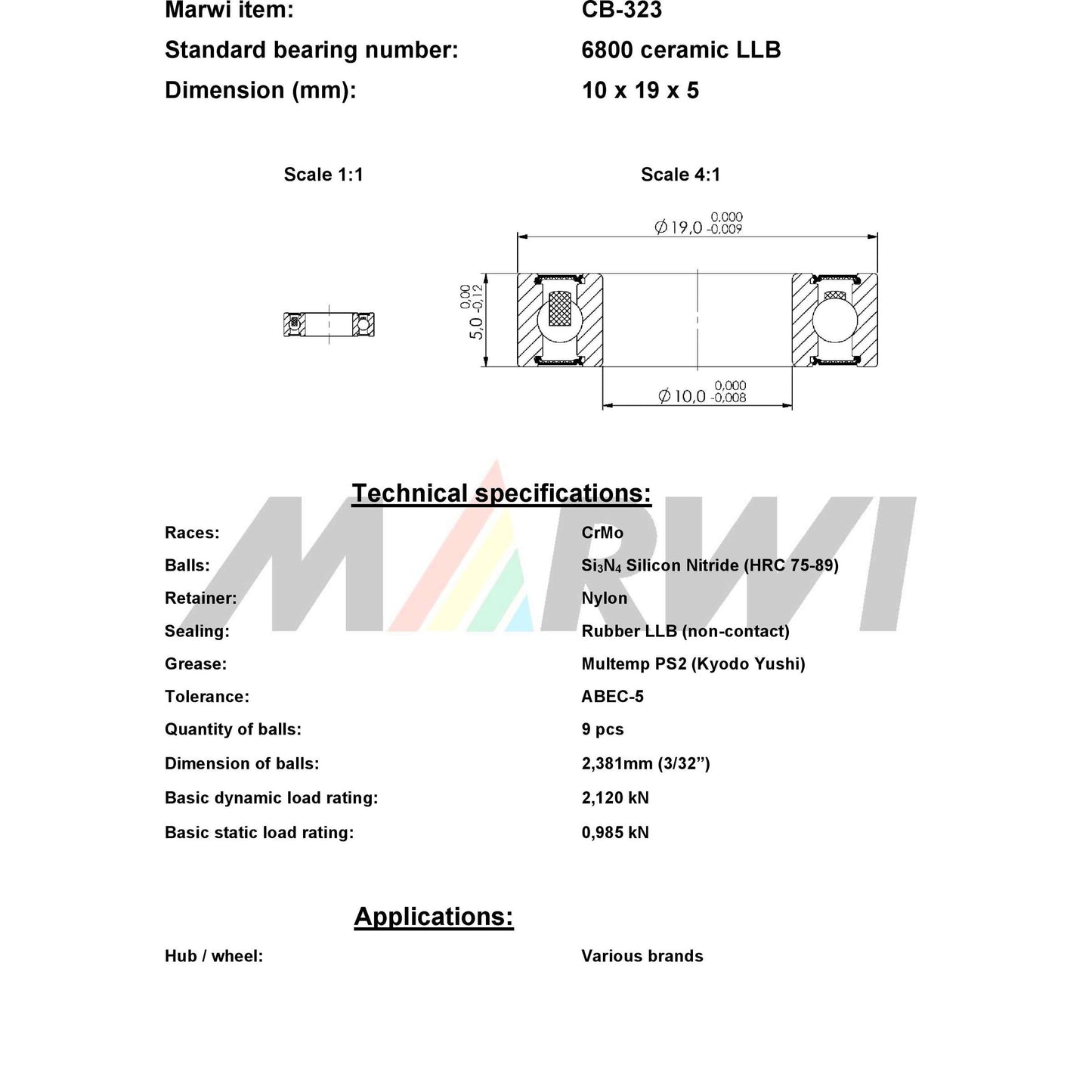 Union Kogellager CB-323 6800 LLB 10x19x5 Ceramica