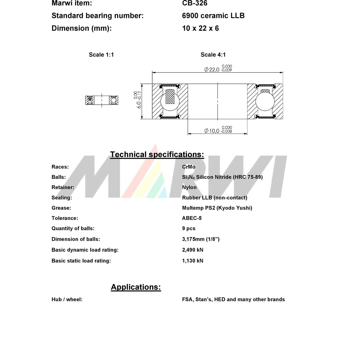 Union Kogellager CB-326 6900 LLB 10x22x6 Ceramica