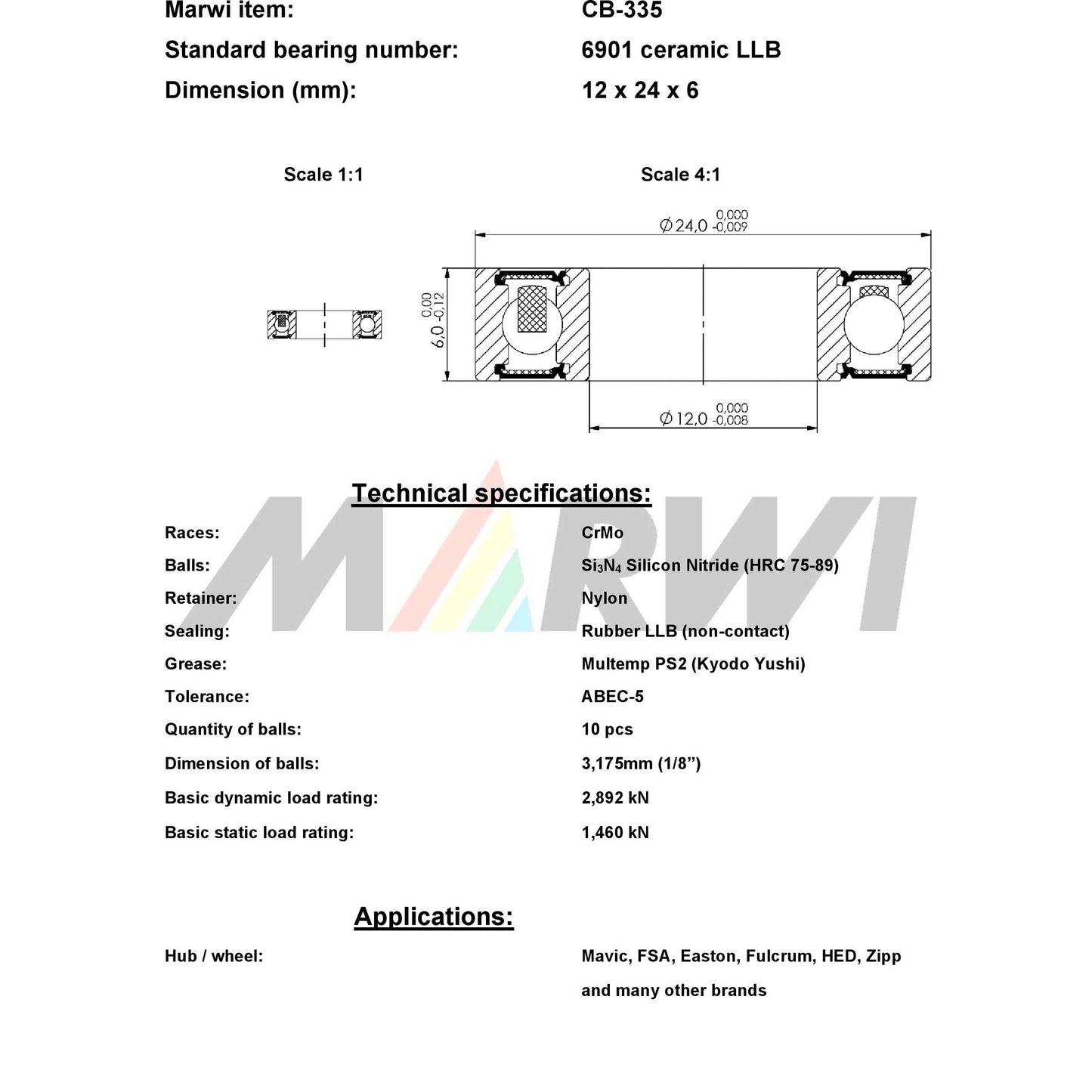 Union Kogellager CB-335 6901 LLB 12x24x6 Cerámica