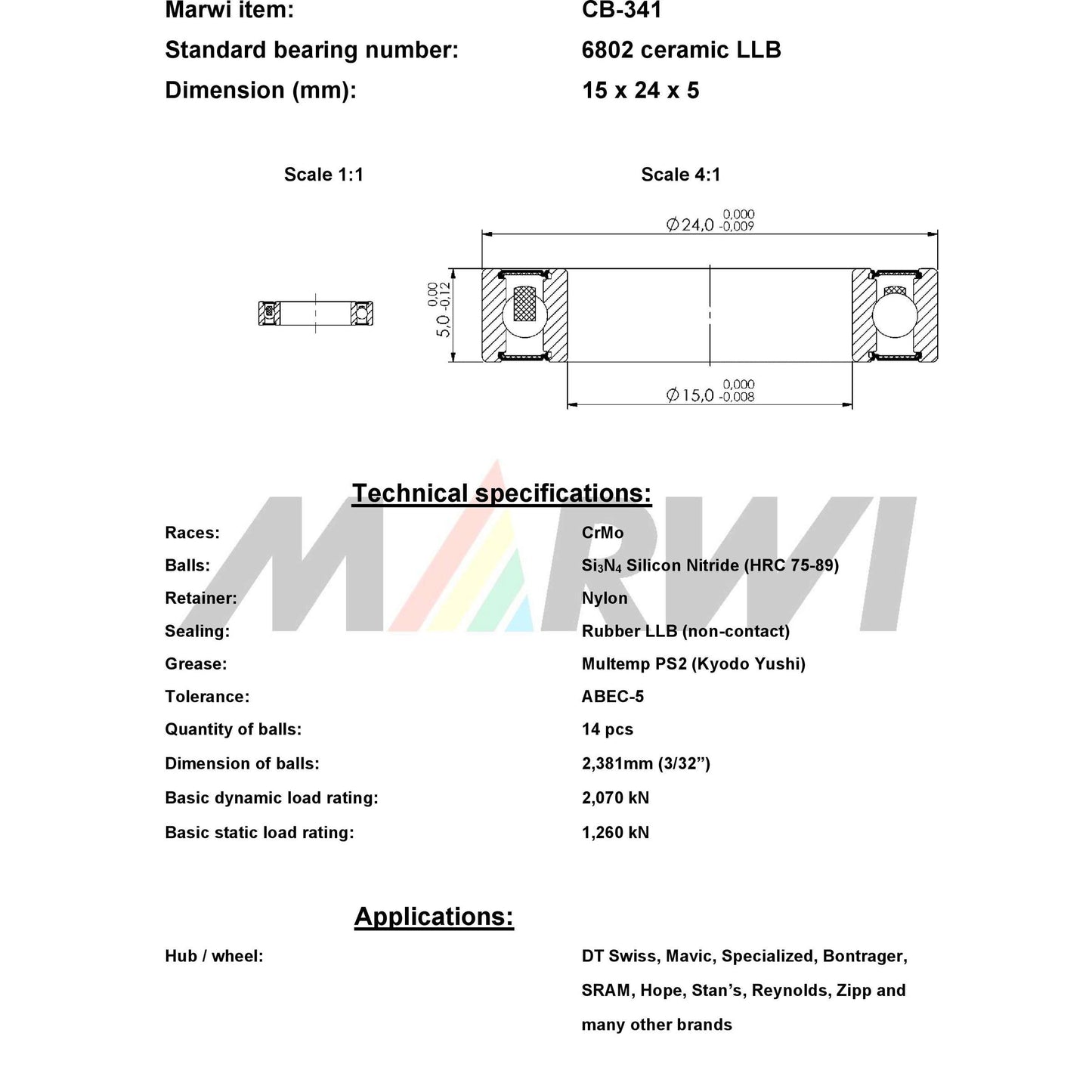 Union Kogellager CB-341 6802 LLB 15x24x5 Ceramica