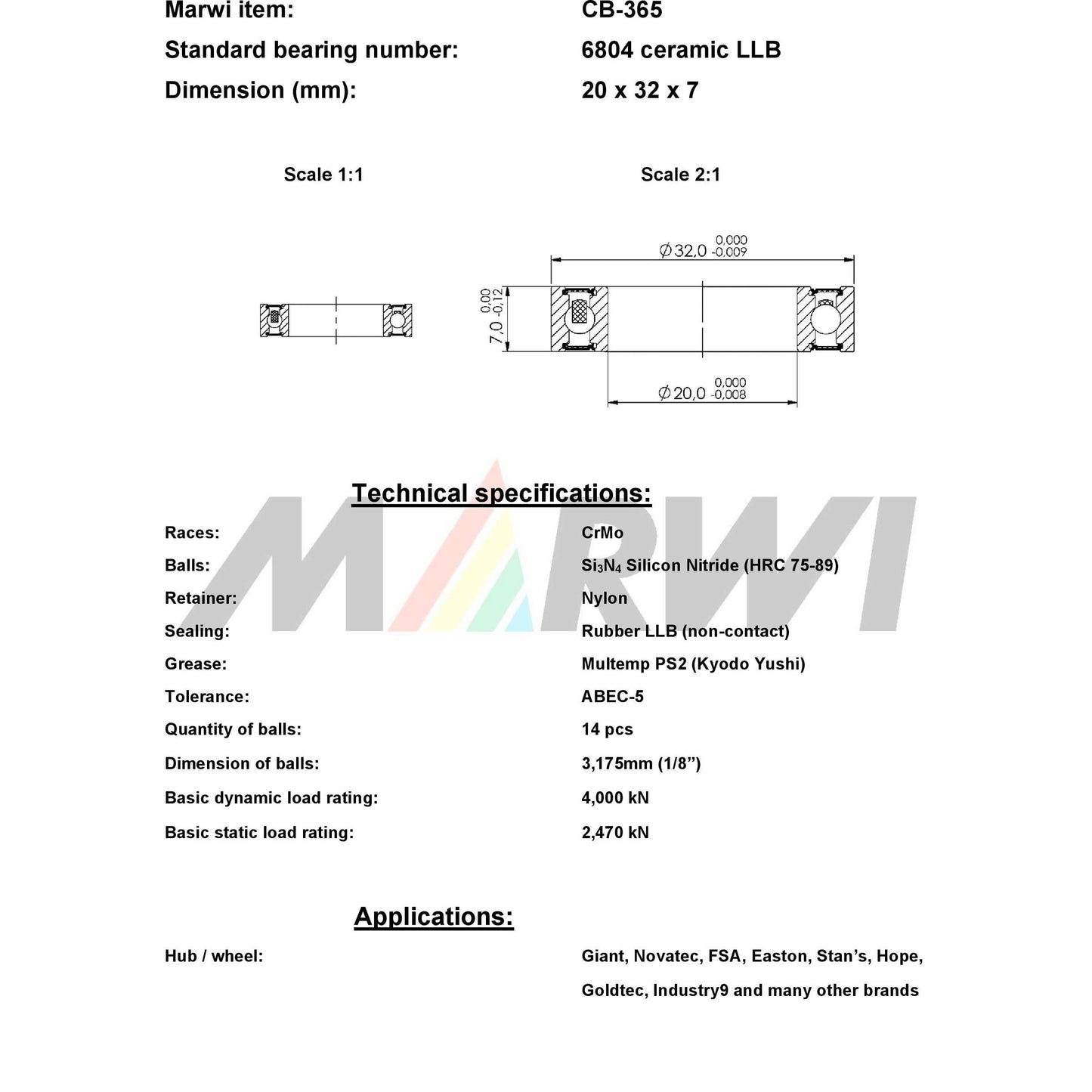 Union Kogellager CB-365 6804 LLB 20X32X7 Cerámica