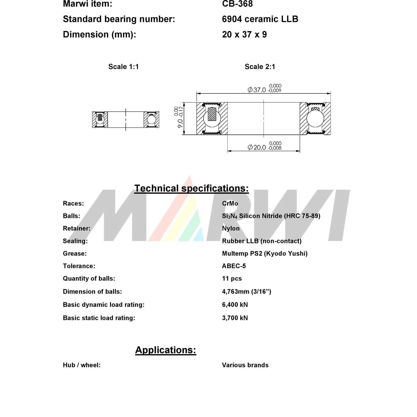 Union Kogellager CB-368 6904 LLB 20x37x9 Ceramica