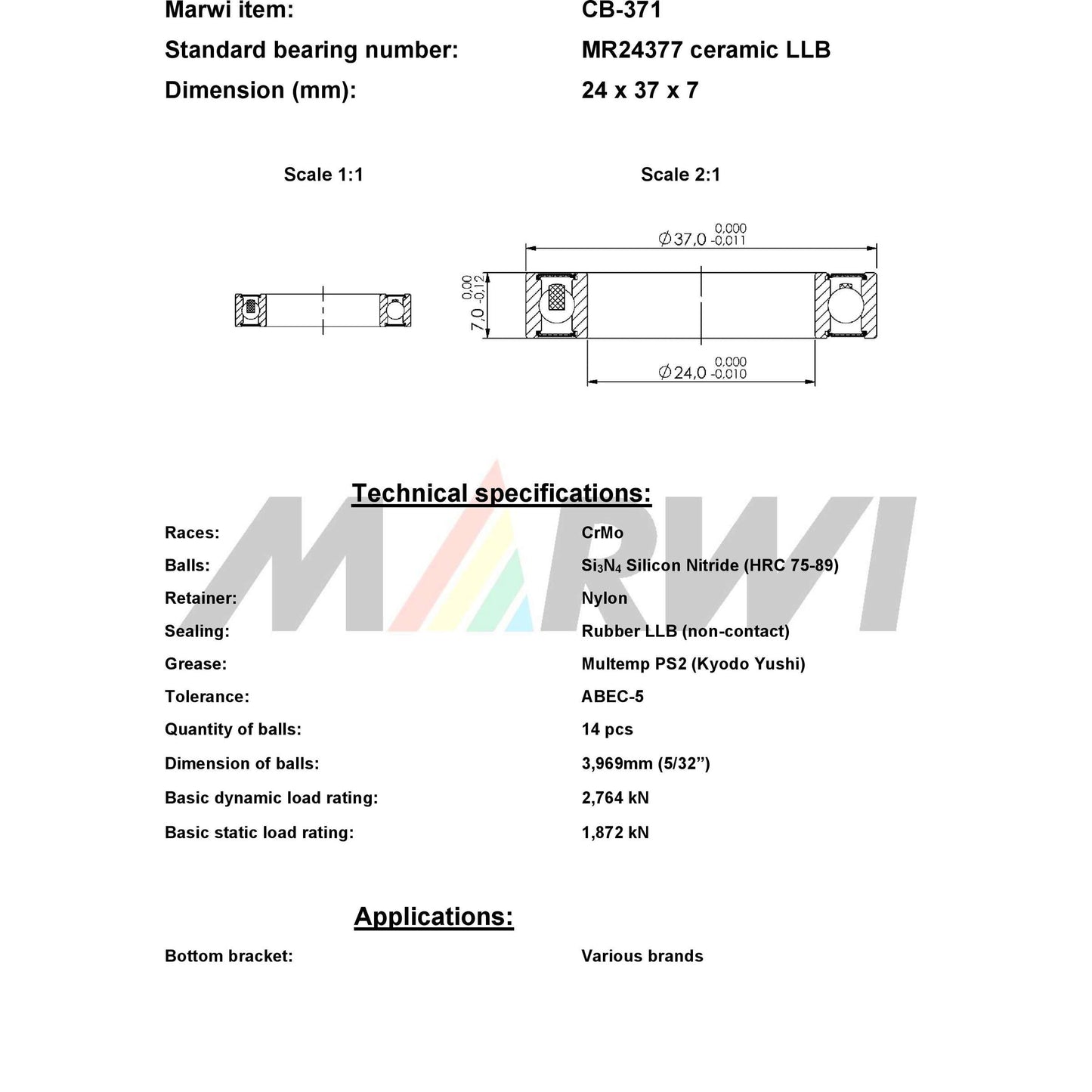 Union Kogellager CB-371 LBB MR24377 24x37x7 Ceramico