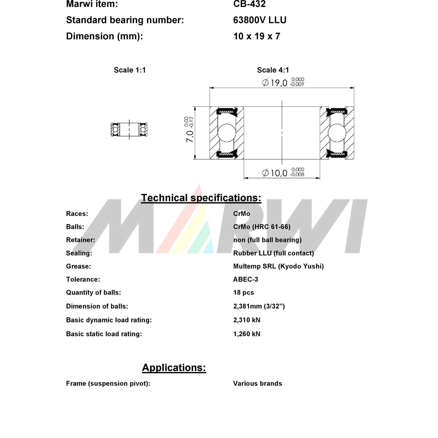 Union Kogellager Max CB-432 63800V LLU 10X19X7