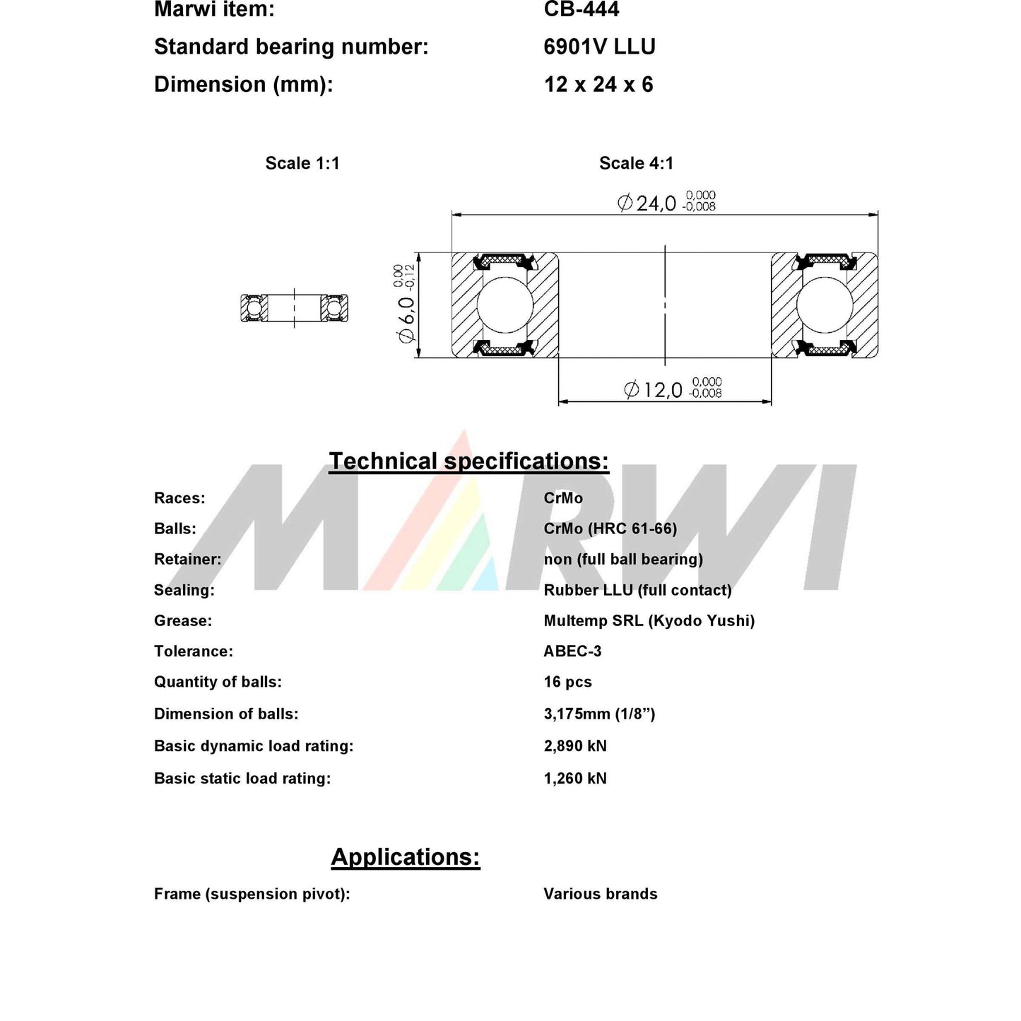 Union Kogellager Max CB-444 6901V LLU 12X24X6