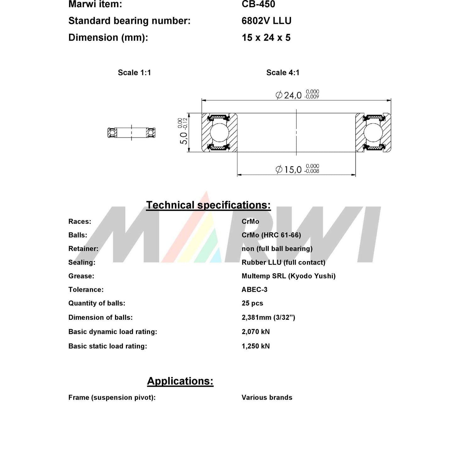 Union Kogellager Max CB-450 6802V LLU 15X24X5
