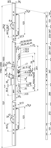 Cerradura multipunto de pánico de seguridad Abloy el466 | Manija de un solo lado controlada | autoblocante | kg*** | dm35mm | pc92mm | placa frontal acero inoxidable 24x2000mm en forma de u | 12 24v CC | dr 1+2+3+4 - 10037688