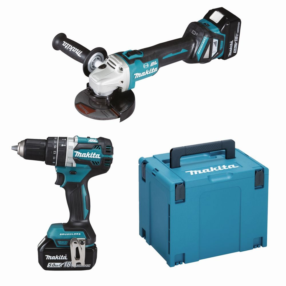 Makita dlx2272tj 18v lxt set de 2 piezas: amoladora angular dga513 + taladro (de impacto) dhp484 2 baterías de 5.0ah