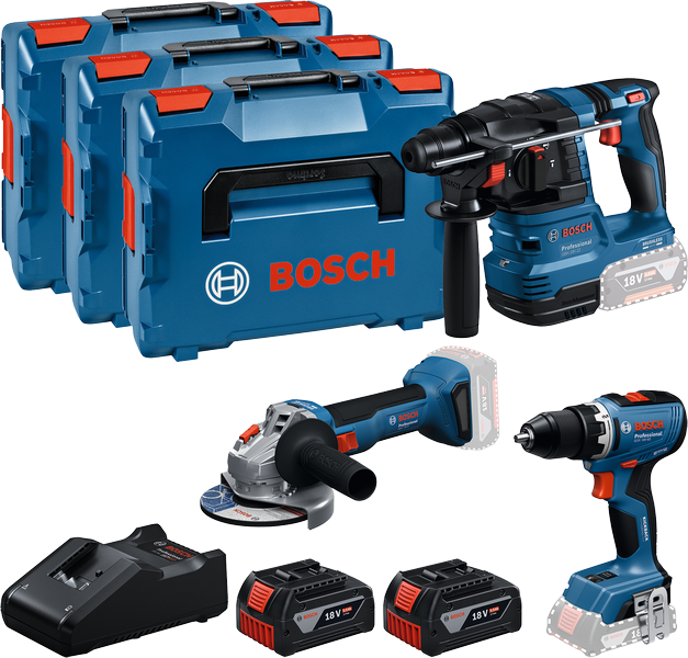 Bosch kit de herramientas de batería azul 3 kit de herramientas 18v (2x gba 18v 5.0ah, cargador gal 18v-40, gsr 18v-65, gbh 18v-22, gws 18v-8) - 0615a5009g