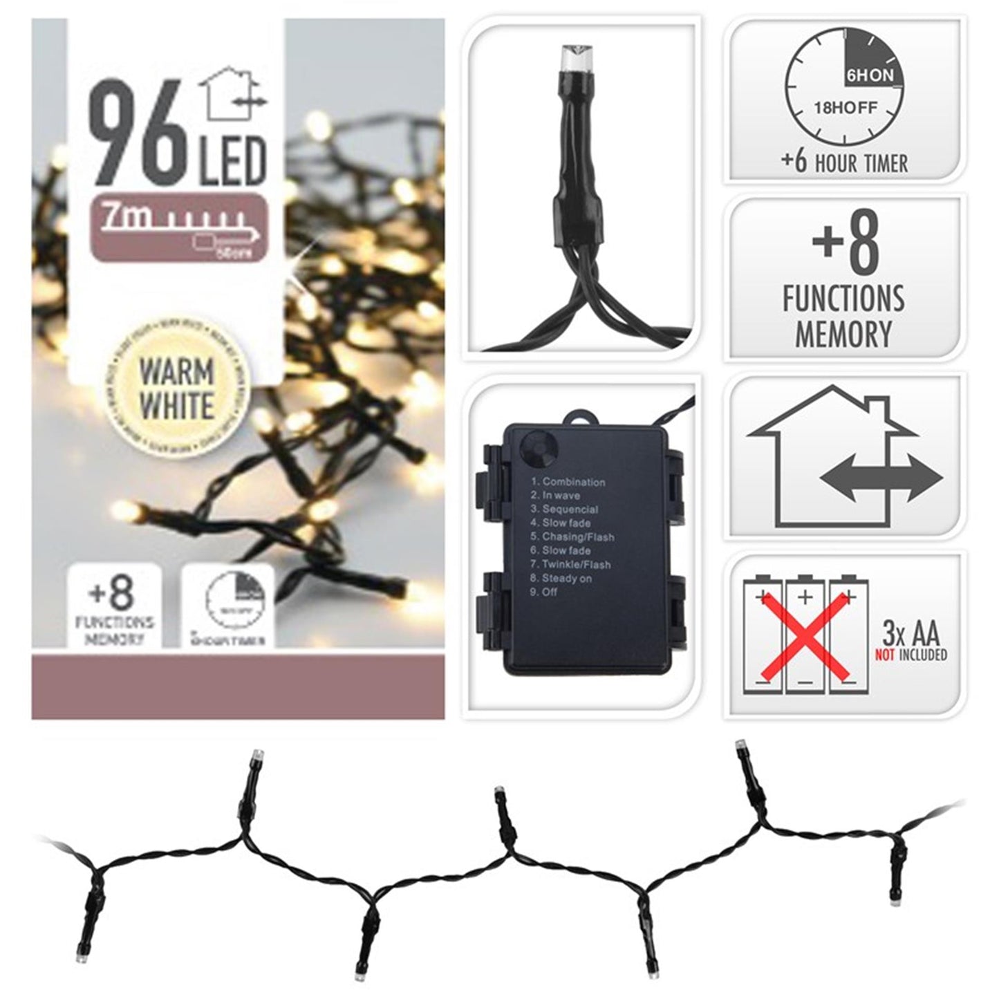 Home styling kerstverlichting led met timer 96l 7mtr warm wit 3xaa (excl batterijen) .