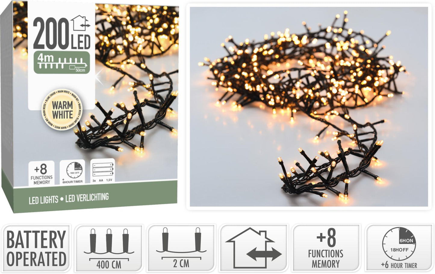 Microcluster de decoración del hogar 200l blanco cálido con batería