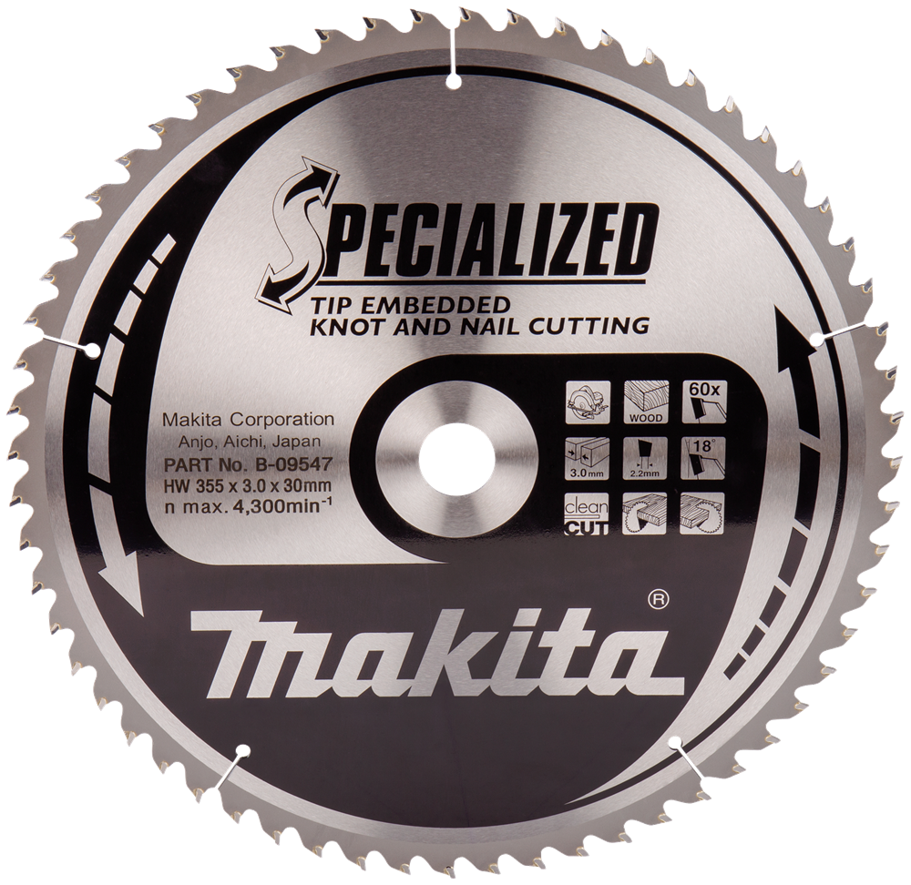 Accesorios Makita hoja de sierra circular para madera (clavo nudo) | punta empotrada 355x30x3.0 60t 18g - b-09547 - b-09547