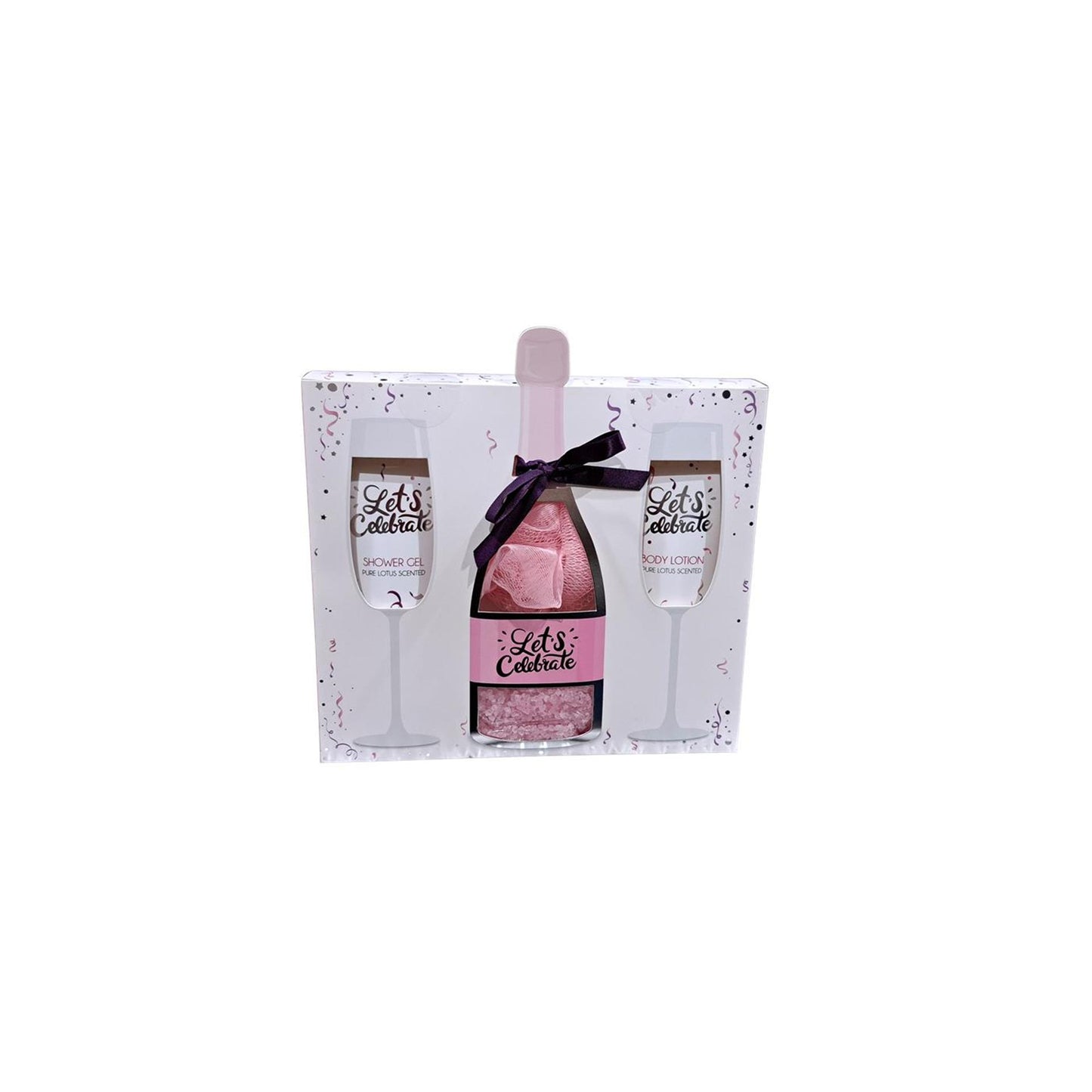 Set de regalo de baño para celebrar la botella de champán.