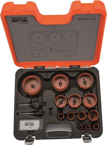 Set di seghe a tazza bimetalliche Bahco sandflex® | per metallo e legno | 16 mm - 83 mm - 18 pezzi - 3834-set-152