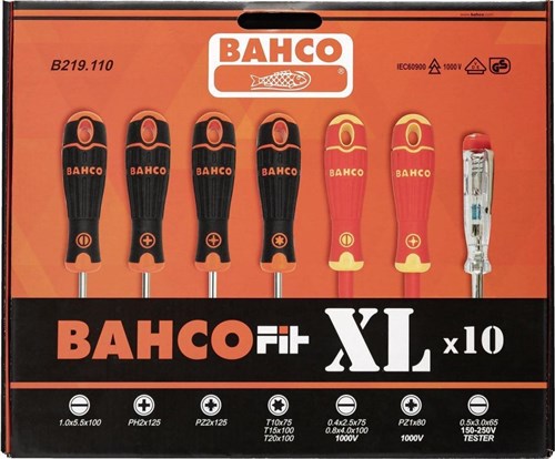 Juego de destornilladores Bahco | 10 piezas | b219.110 - ranura ph2, pz2, t10, t15, t20, ranura vde, vde pz1, probador