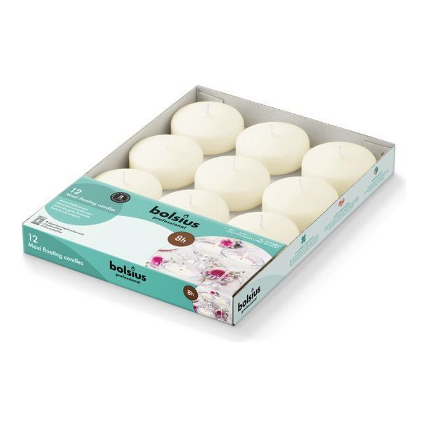 Velas flotantes maxi profesionales Bolsius marfil 8 horas de funcionamiento (12 piezas)