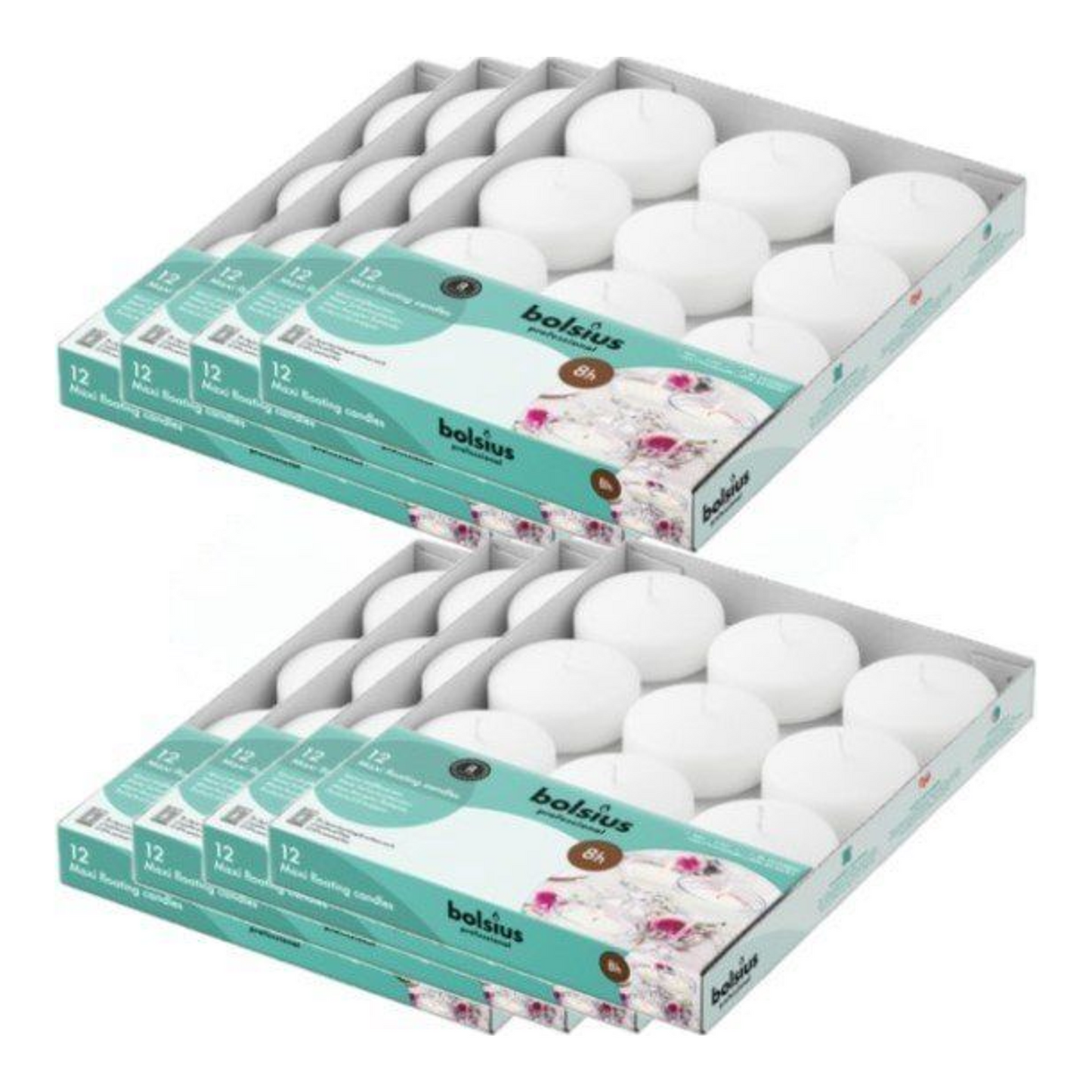 Velas flotantes profesionales Bolsius maxi blancas 8 horas de combustión (8x 12 piezas)