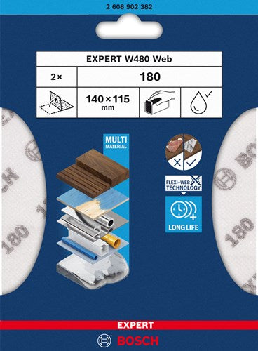 Accesorios Bosch hoja de lija expert web w480 115 x 140 mm, g180, 2x - 2608902382