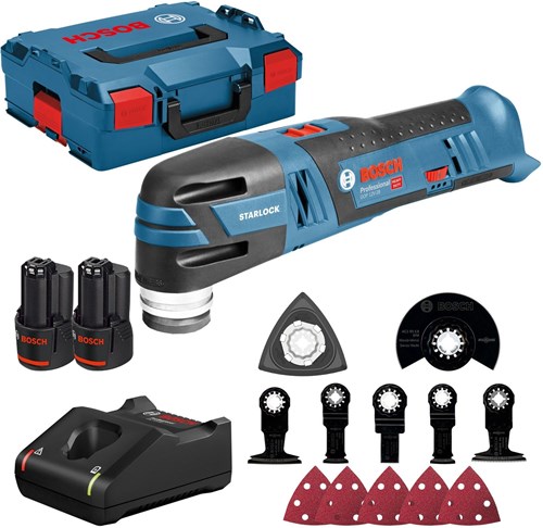Bosch azul gop 12v-28 | 12v | iones de litio | multiherramienta a batería | conjunto | 2 baterías de 3,0 Ah | Juego de accesorios de 12 piezas | l-boxx - 06018b5006