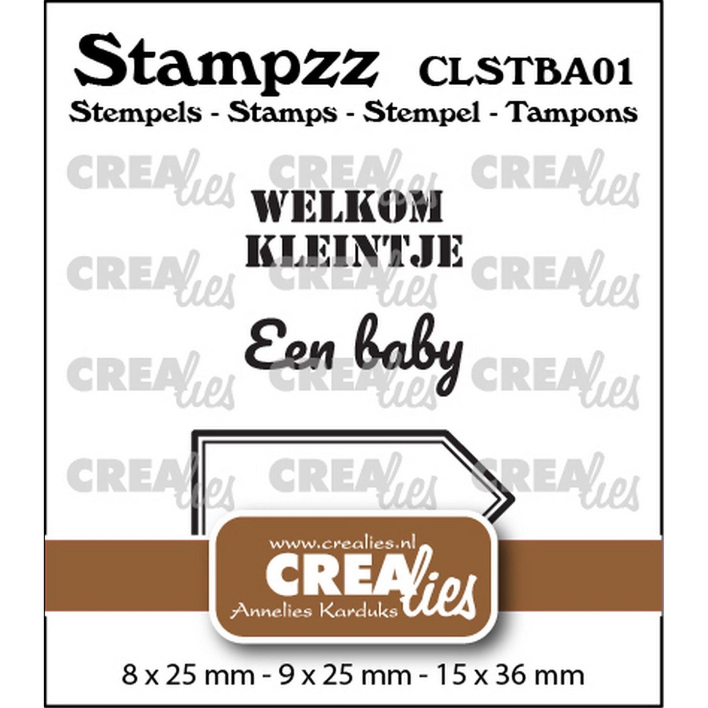 Crealies • set di timbri stampzz baby 01: 2 testi + 1 etichetta con cartellino