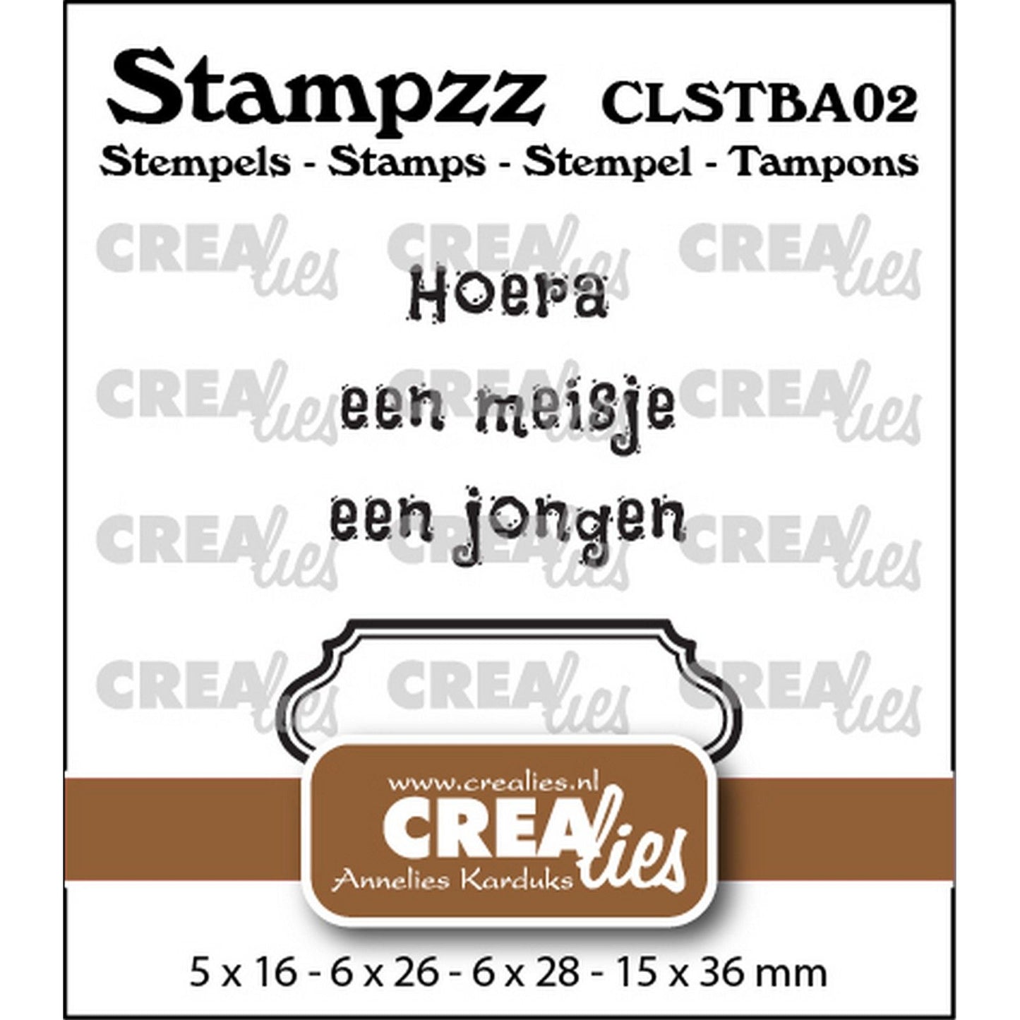 Crealies • set di timbri stampzz baby 02: 2 testi + 1 etichetta con cartellino