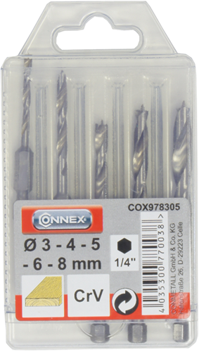 Connex set punte per legno 3-8mm 6k 5pz rosso - cox978305