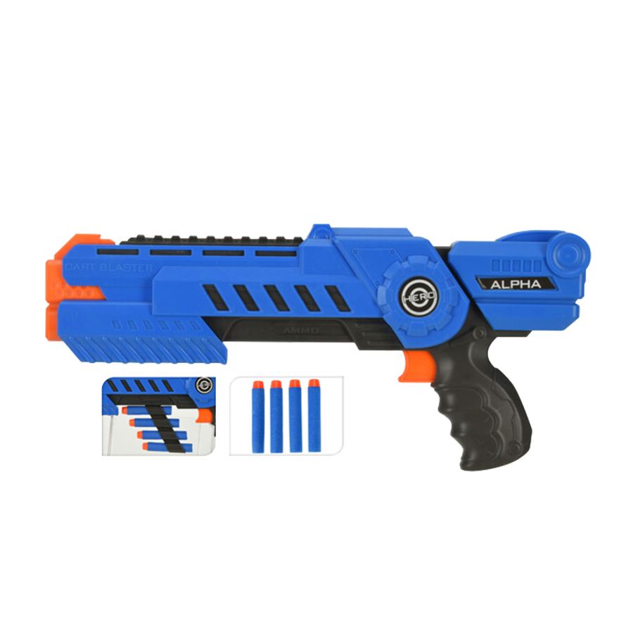 Pistola per dardi alfa con 4 dardi blu 35,5 cm