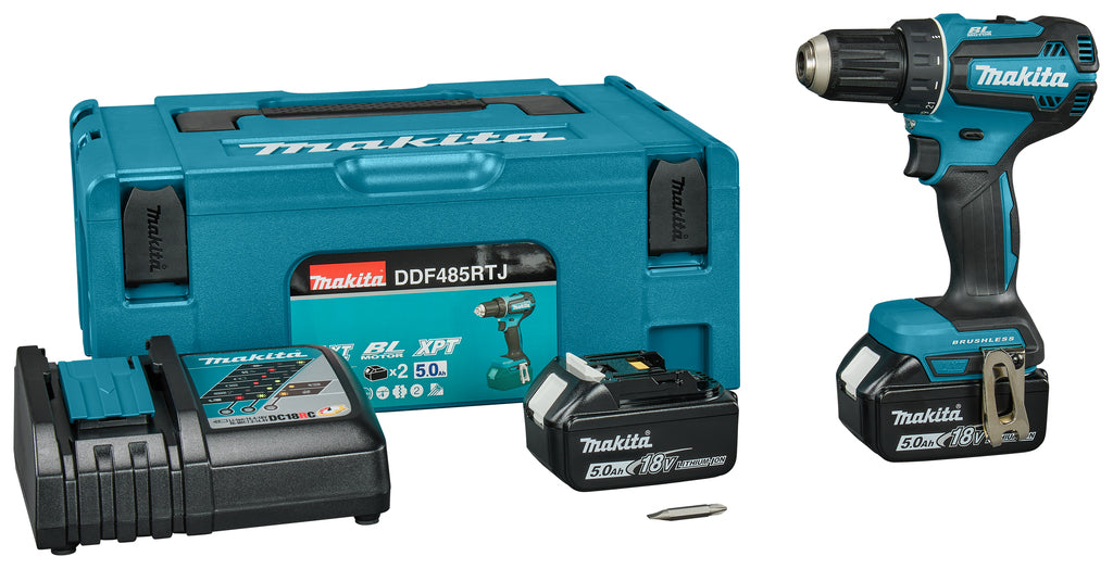 Makita ddf485rtj trapano avvitatore 18v brushless batteria 5.0 ah (2 pz), caricatore rapido, mbox