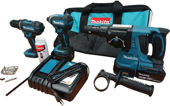 Set combinato Makita DLX3089T - trapano a percussione DHP482 + avvitatore a percussione DTD153 + trapano a percussione MR243 batteria 18V 5,0 Ah (2 pz) in borsa