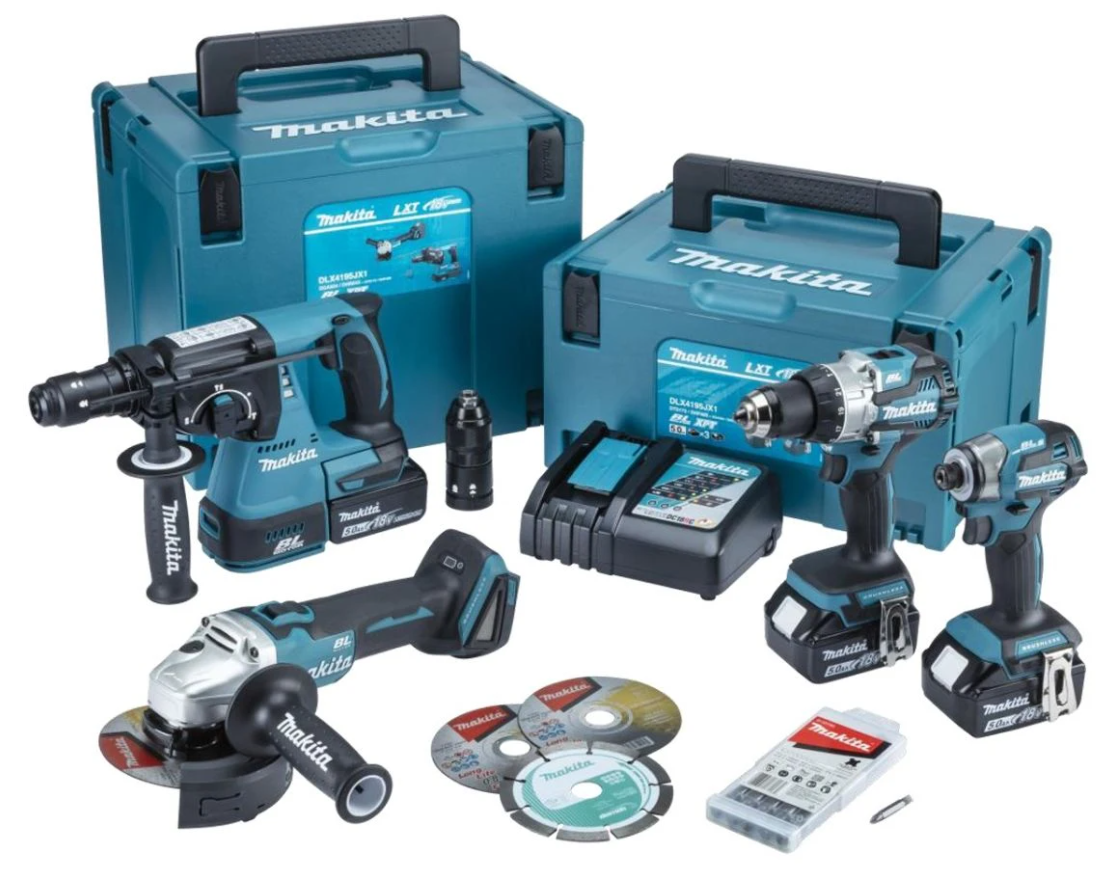 Set combinato Makita dlx4195jx1 | dhp489 + dtd173 +MR243 + dga504 | incl. batterie e caricabatterie in m-box - dlx4195jx1