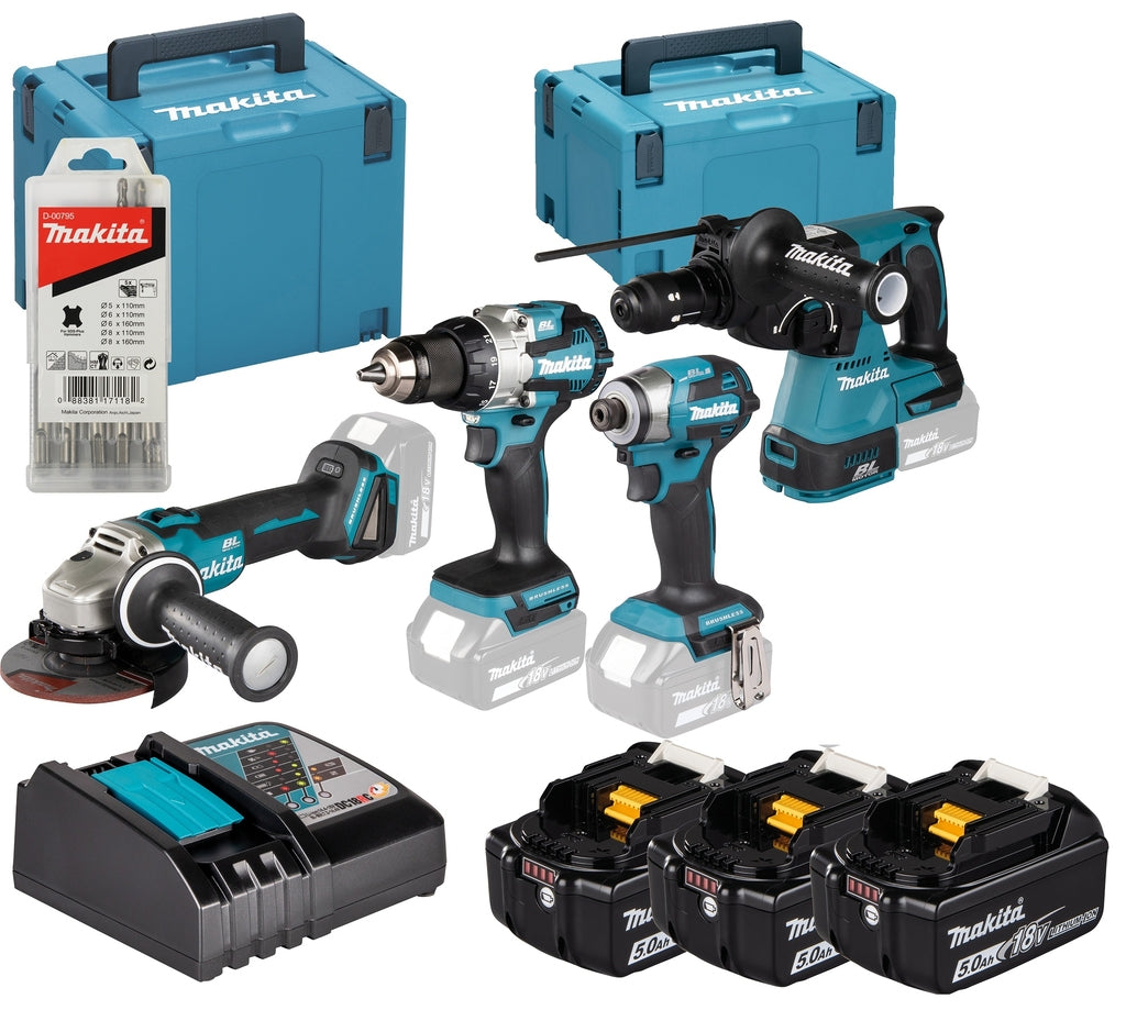 Set combinato Makita dlx4196jx1 | ddf489 + dtd173 + redazione243 + dga504 | incl. batterie e caricabatterie in m-box - dlx4196jx1
