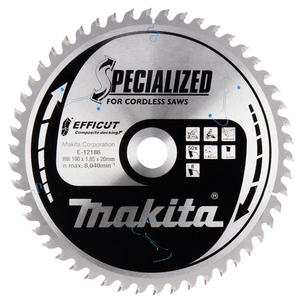 Accesorios Makita hoja de sierra transversal wpc | efficut 190x20x1.85 50t 8g - e-12186 - e-12186