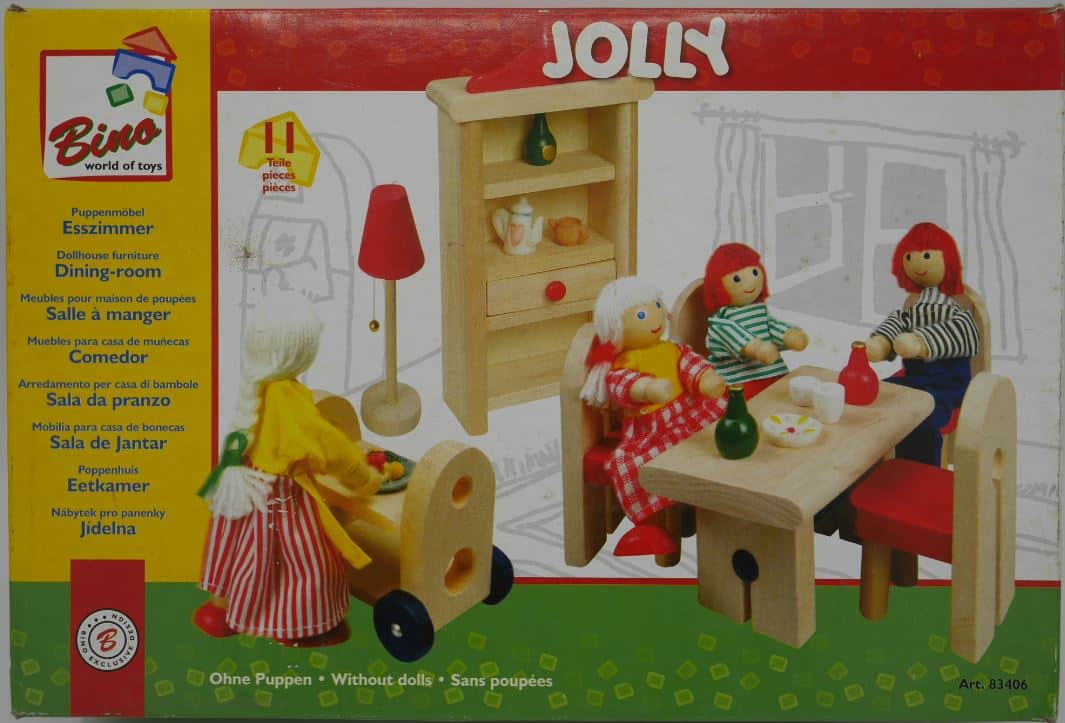 Comedor de muebles de casa de muñecas con carro