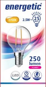 LED energetico bullet E14 2.1-25W 2700K filamento trasparente - 2720210