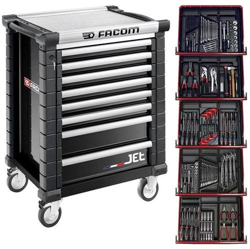 Facom tool trolley 8 drawers m3, with 5 filled drawers, black - jetcm175gbnl