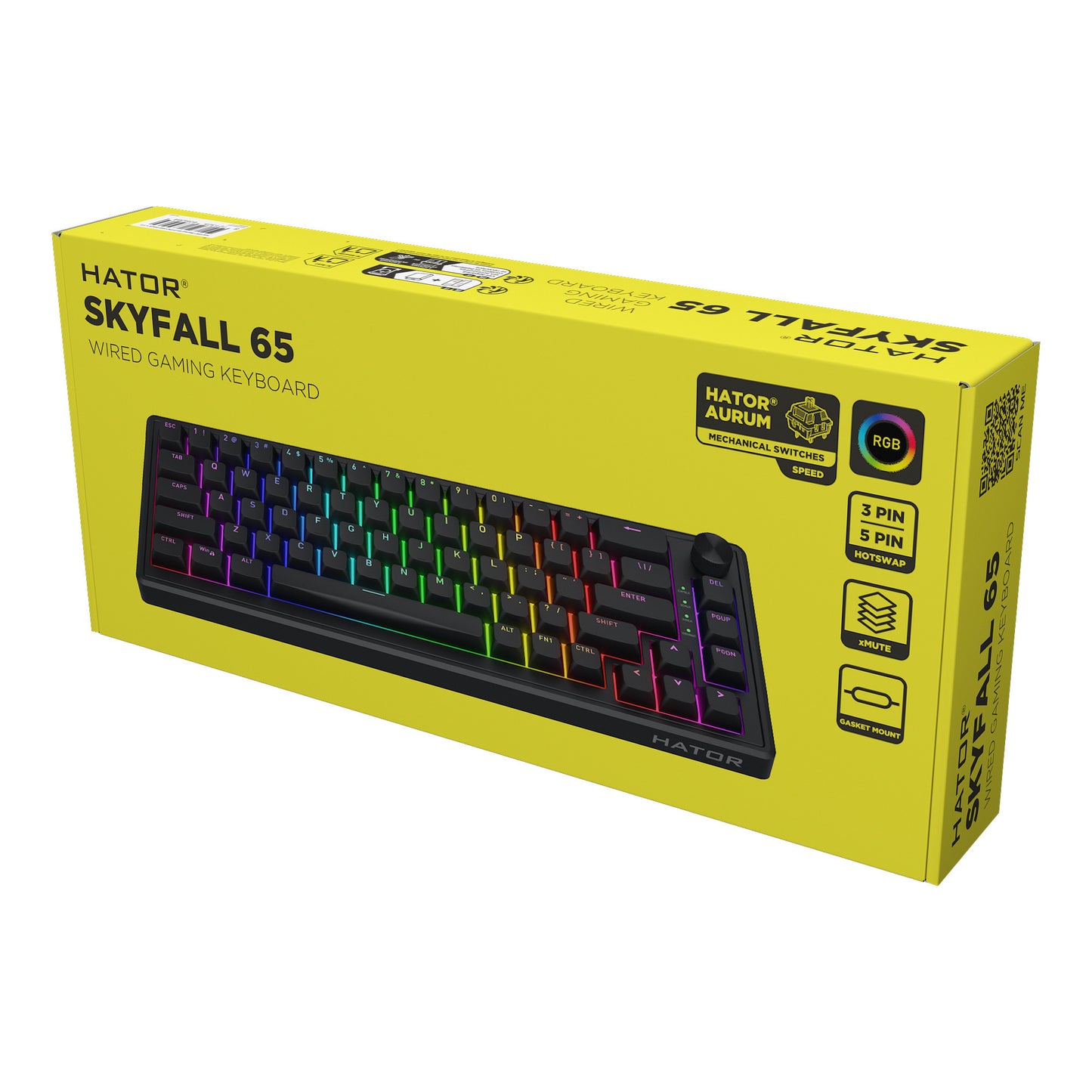 Hator skyfall cablato, tastiera da gioco (nera, layout americano, hator aurum sterling, 65%, rgb, double shot abs, hot-swap)
