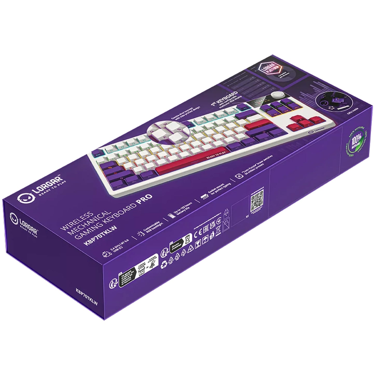 Lorgar kbp70tklw, tastiera da gioco (bianca, layout us, logar tossico viola, tkl, rgb, hot-swapable, pbt double-shot, bluetooth 2.4ghz usb)