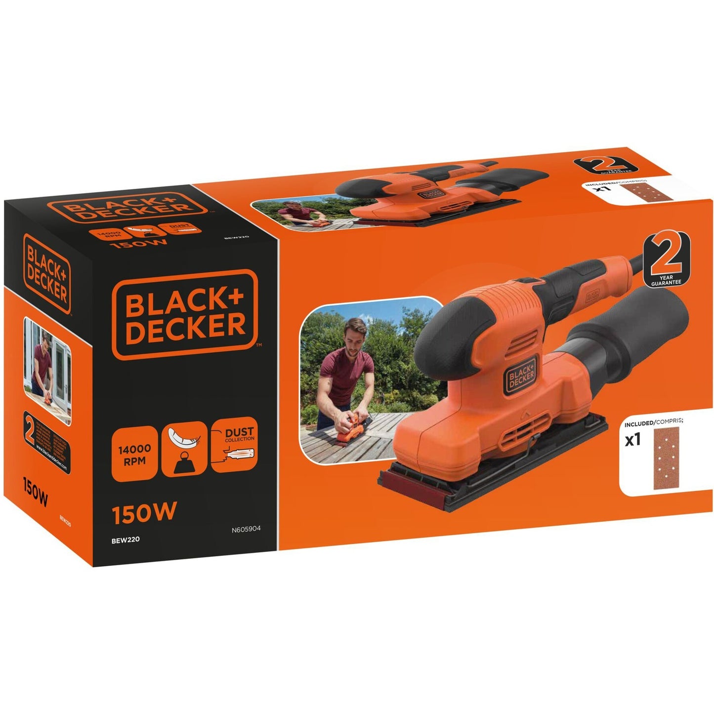 Lijadora orbital black+decker bew220 150w 1 3 hojas | 1x hoja de lija | bolsa recolectora de polvo - bew220-qs
