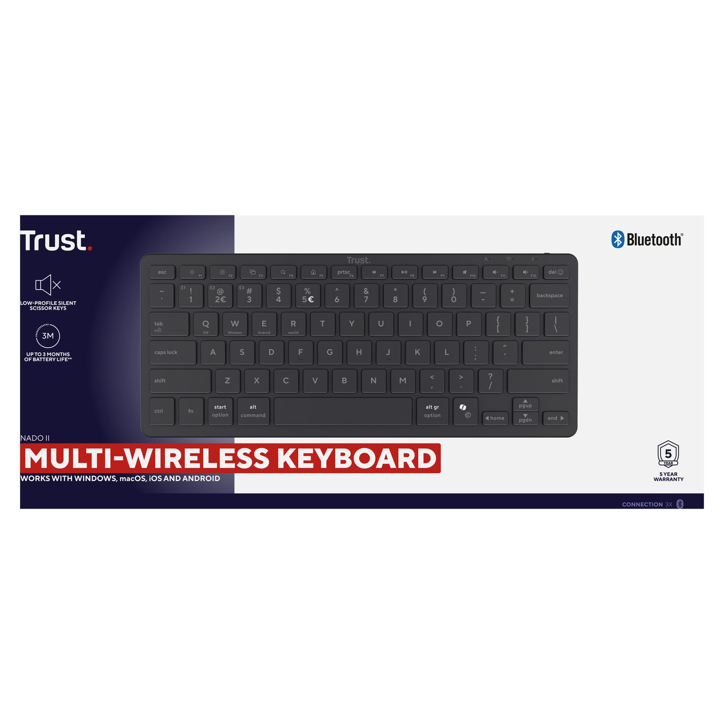 Tastiera Bluetooth Trust Nado II (nera, layout USA, interruttori a forbice, Bluetooth)