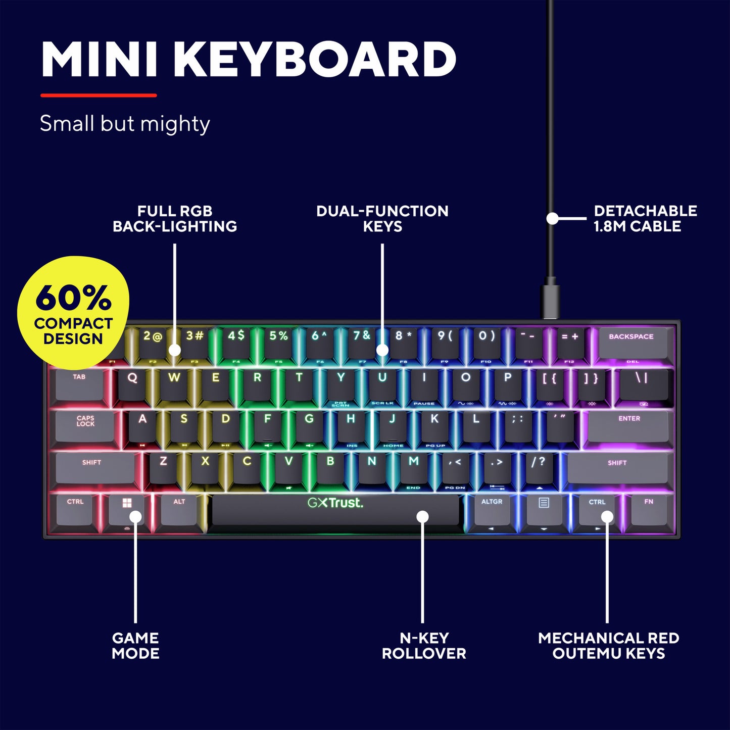 Trust gxt 867 acira 60% mini mechanisch gaming toetsenbord (zwart, us lay-out (qwerty), outemu red, 60%, rgb)