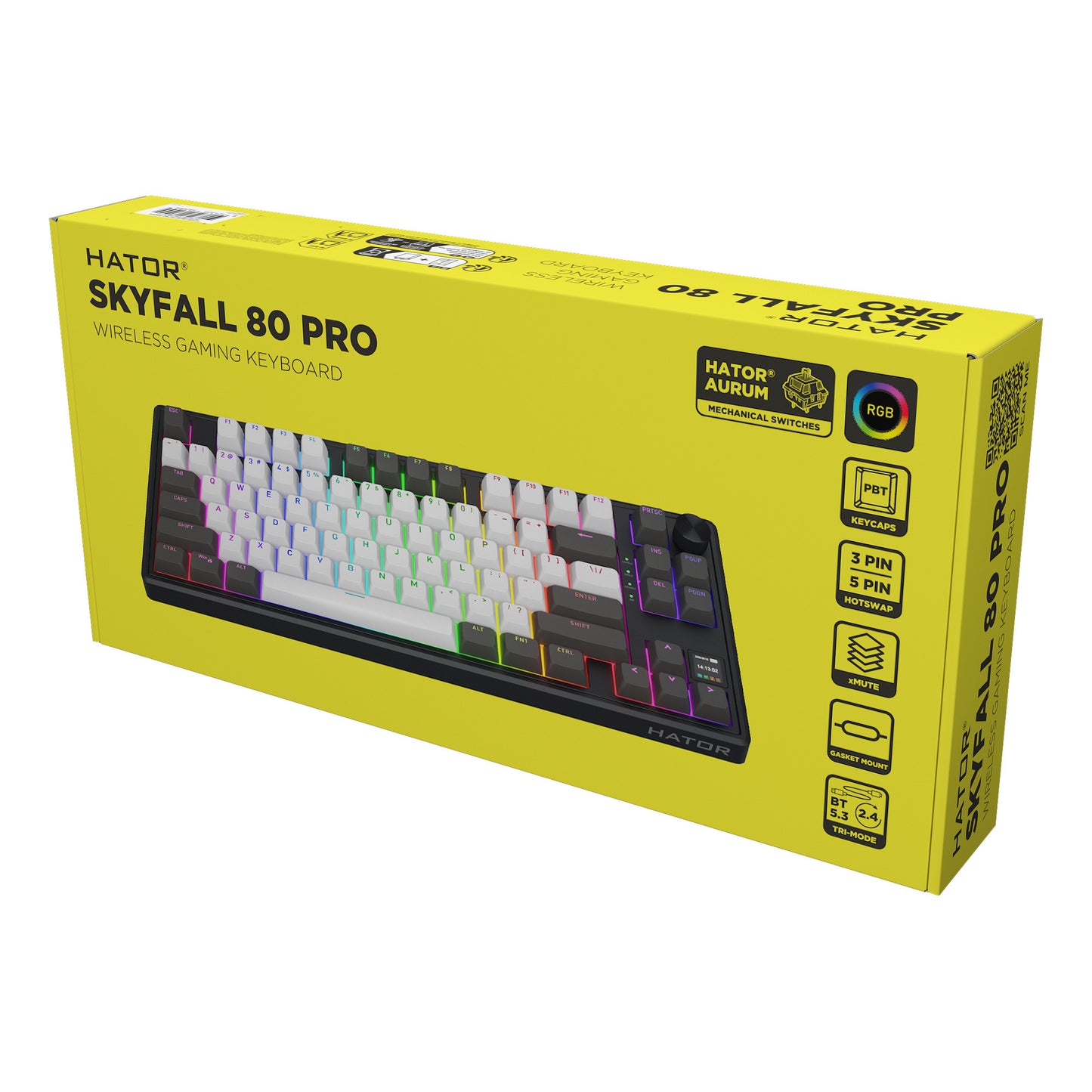 Hator skyfall pro wireless, tastiera da gioco (nera, layout americano, hator aurum vanilla silenzioso, 80% (tkl), rgb, double-shot pbt, hot-swap, bluetooth usb-c da 2,4 ghz)