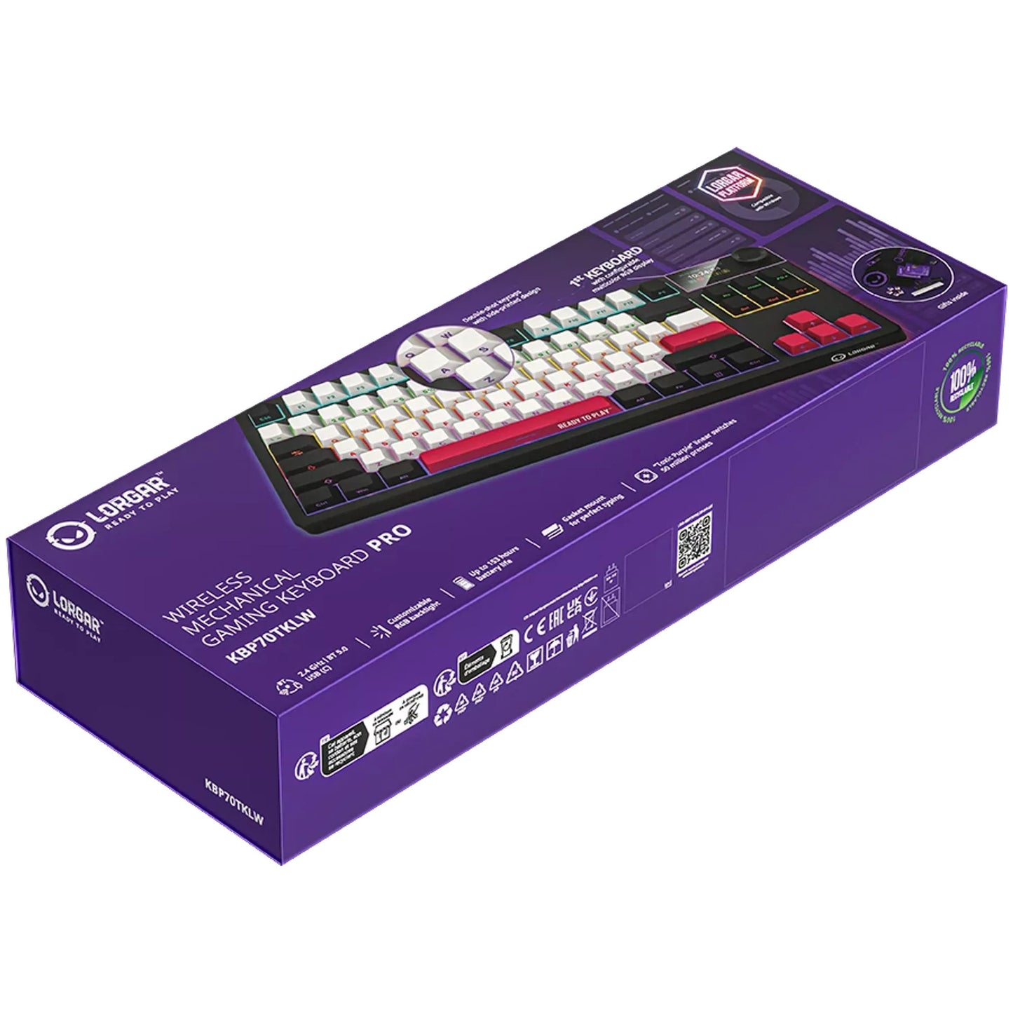 Lorgar kbp70tklw, tastiera da gioco (nera, layout us, logar tossico viola, tkl, rgb, hot-swapable, pbt double-shot, bluetooth 2.4ghz usb)