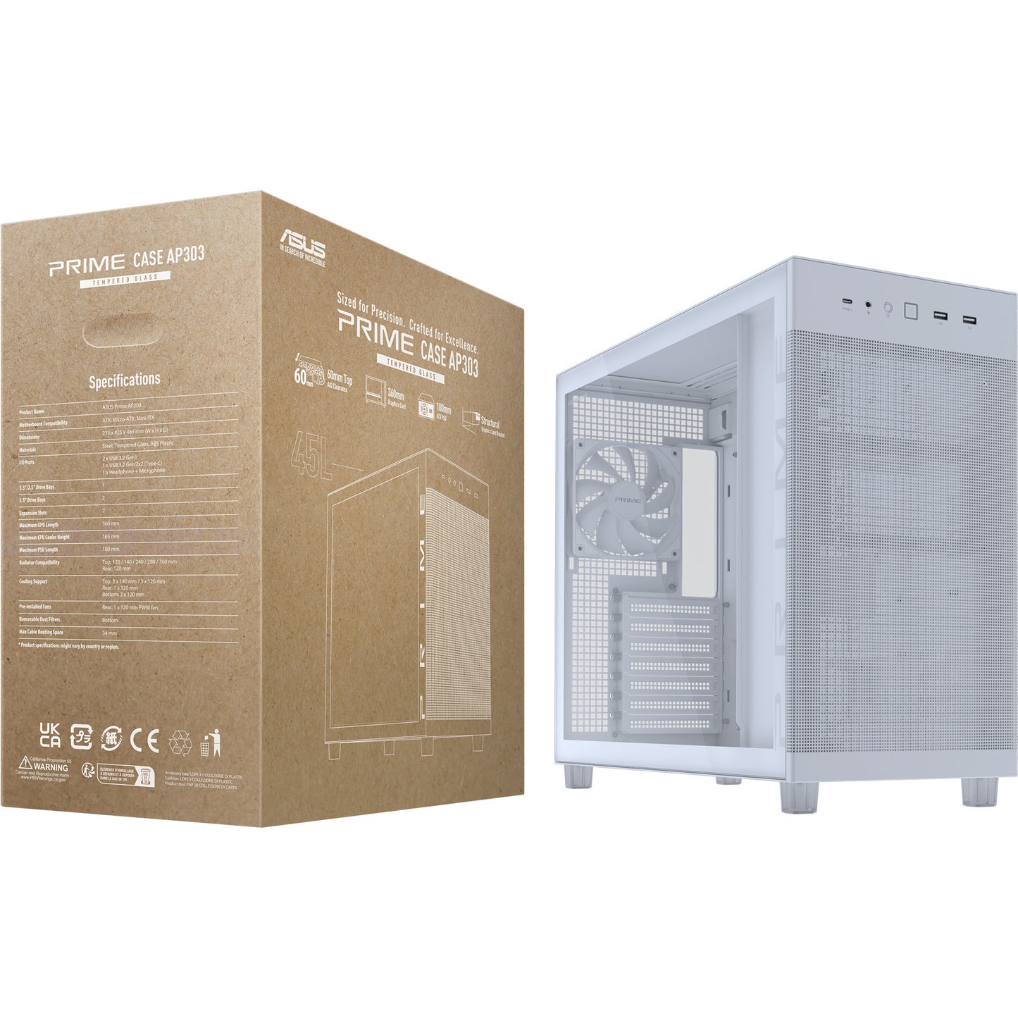 Asus prime ap303 - tempered glass panel midi tower behuizing (wit | 2x usb-a | 1x usb-c | tempered glass)