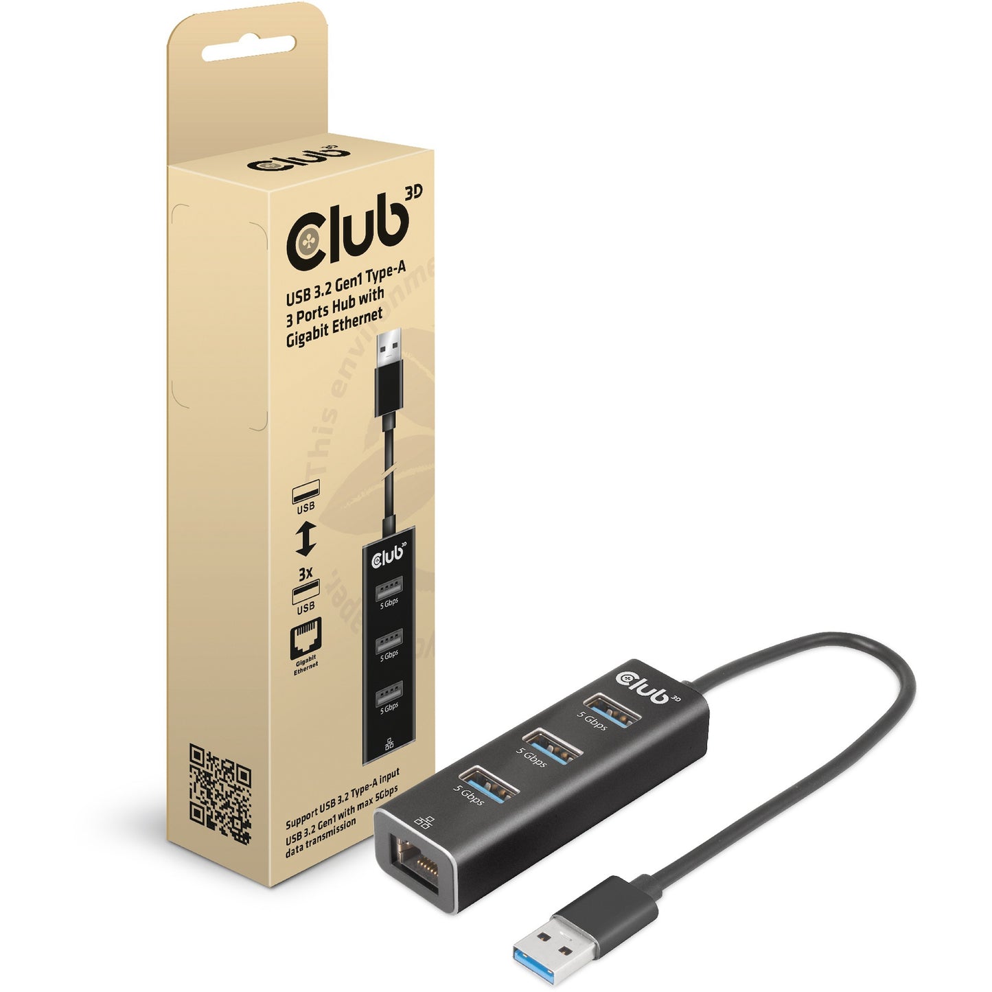 Club 3D USB 3.2 Gen1 Type-A, 3 porte hub con gigabit ethe
