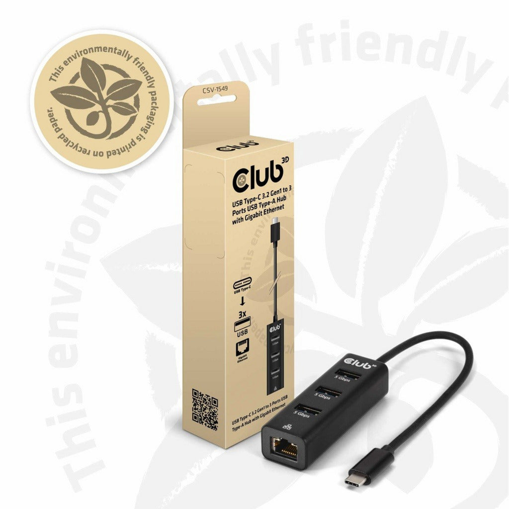 Club 3D USB-C Hub de 5 Gbps a 3 puertos USB tipo A con adaptador Gigabit Ethernet (negro)