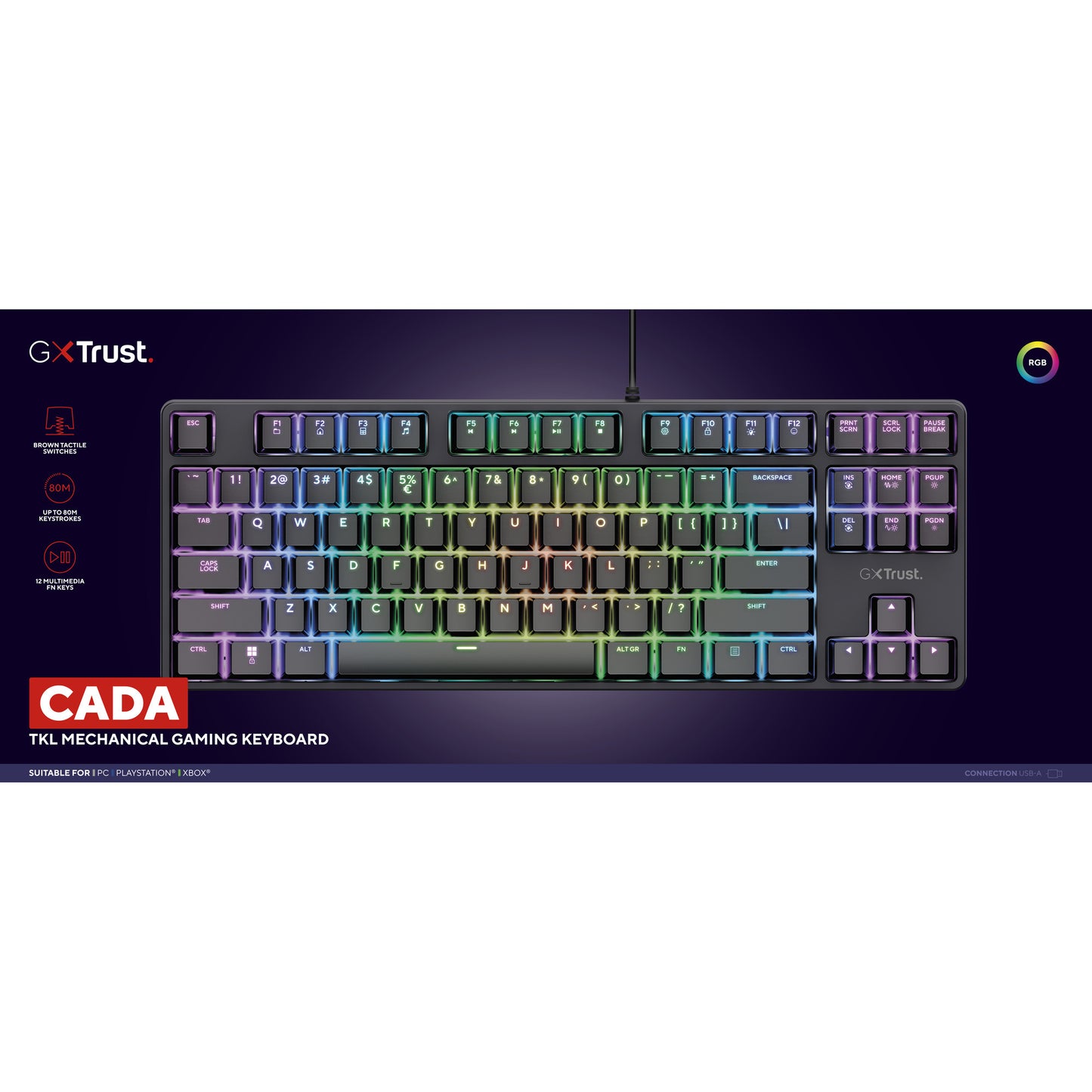 Trust GXT 864 Cada Tastiera da gioco meccanica compatta TKL, tastiera da gioco (nera, layout USA, marrone Huano, RGB)