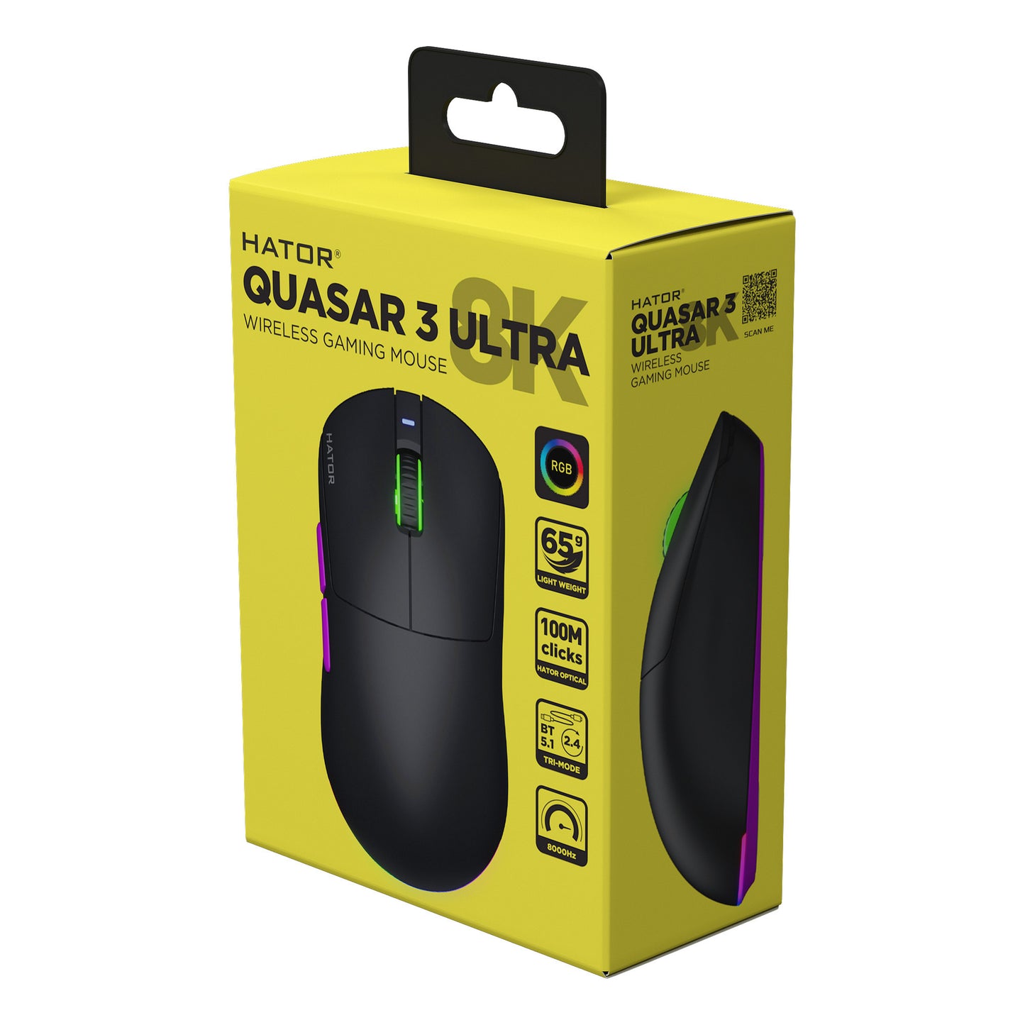 Mouse da gioco wireless Hator quasar 3 ultra 8K (nero, 400 - 30.000 dpi, rgb, bluetooth 5.1 USB da 2,4 GHz)